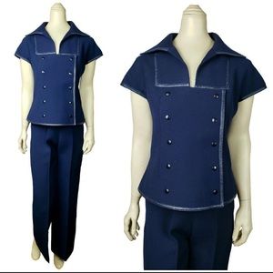 VINTAGE 1960S COURREGES PARIS COUTURE FUTURE NAVY PANTSUIT PANTS & JACKET SIZE 0
